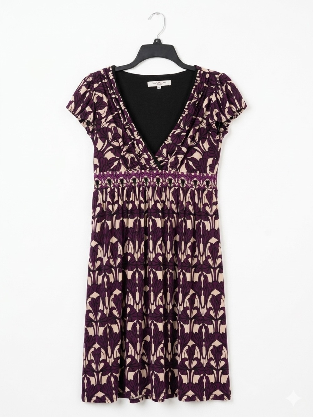 Evan-Picone Fit & Flare Jersey Dress 8 Black Purple V-Neck Pockets